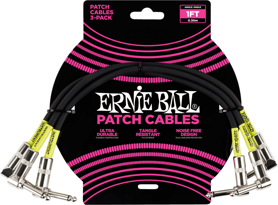 Ernie Ball Patch Patchkabel Haaks 30 cm 3-pack – Pack de 3 - haaks - 30cm zwart