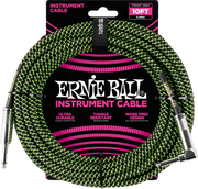 Ernie Ball Geweven Sleeve Instrumentkabel 6.35mm jack - 6.35mm jack Haaks 3 m – Jack/jack haaks 3m zwart en groen