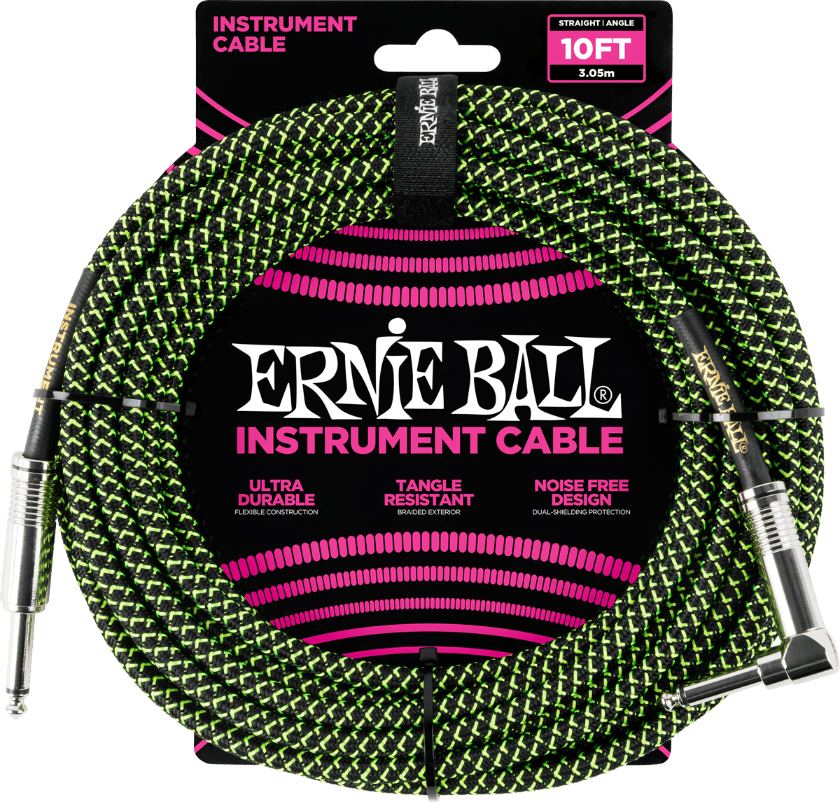 Ernie Ball Geweven Sleeve Instrumentkabel 6.35mm jack - 6.35mm jack Haaks 3 m – Jack/jack haaks 3m zwart en groen