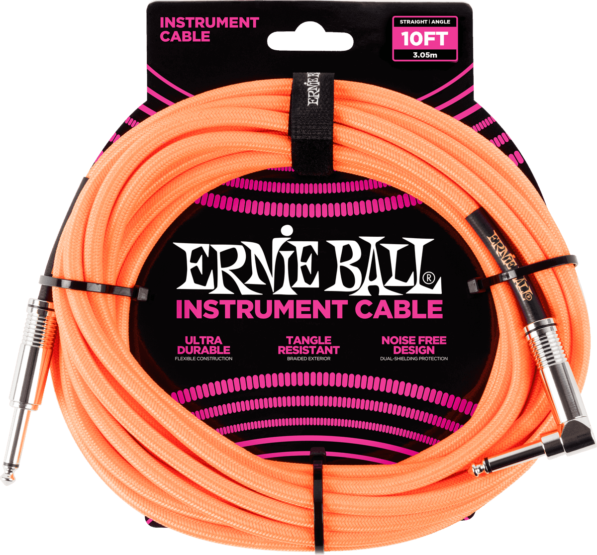 Ernie Ball Geweven Sleeve Instrumentkabel 6.35mm jack - 6.35mm jack Haaks 3 m – Jack/jack haaks 3m oranje fluo