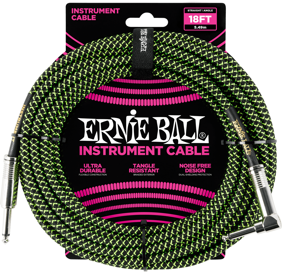 Ernie Ball Geweven Sleeve Instrumentkabel 6.35mm jack - 6.35mm jack Haaks 5.5 m – Jack/jack haaks 5,5m zwart en groen