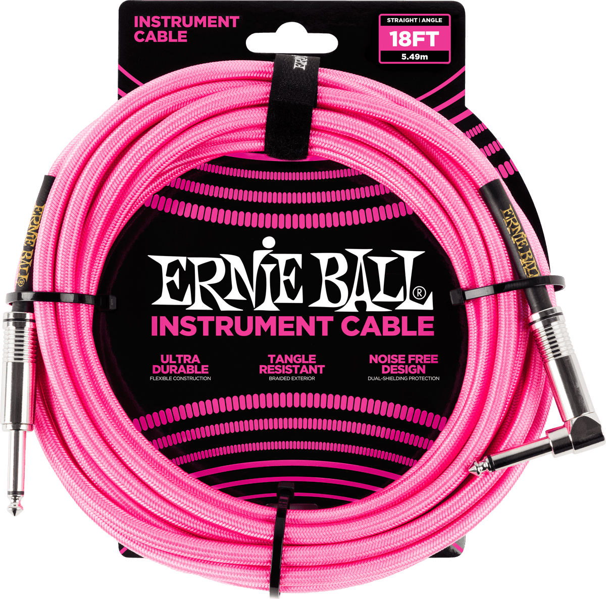 Ernie Ball Geweven Sleeve Instrumentkabel 6.35mm jack - 6.35mm jack Haaks 5.5 m – Jack/jack haaks 5,5m roze fluo