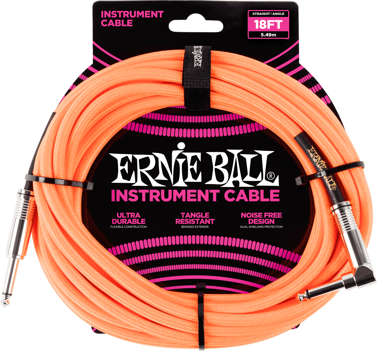 Ernie Ball Geweven Sleeve Instrumentkabel 6.35mm jack - 6.35mm jack Haaks 5.5 m – Jack/jack haaks 5,5m oranje fluo