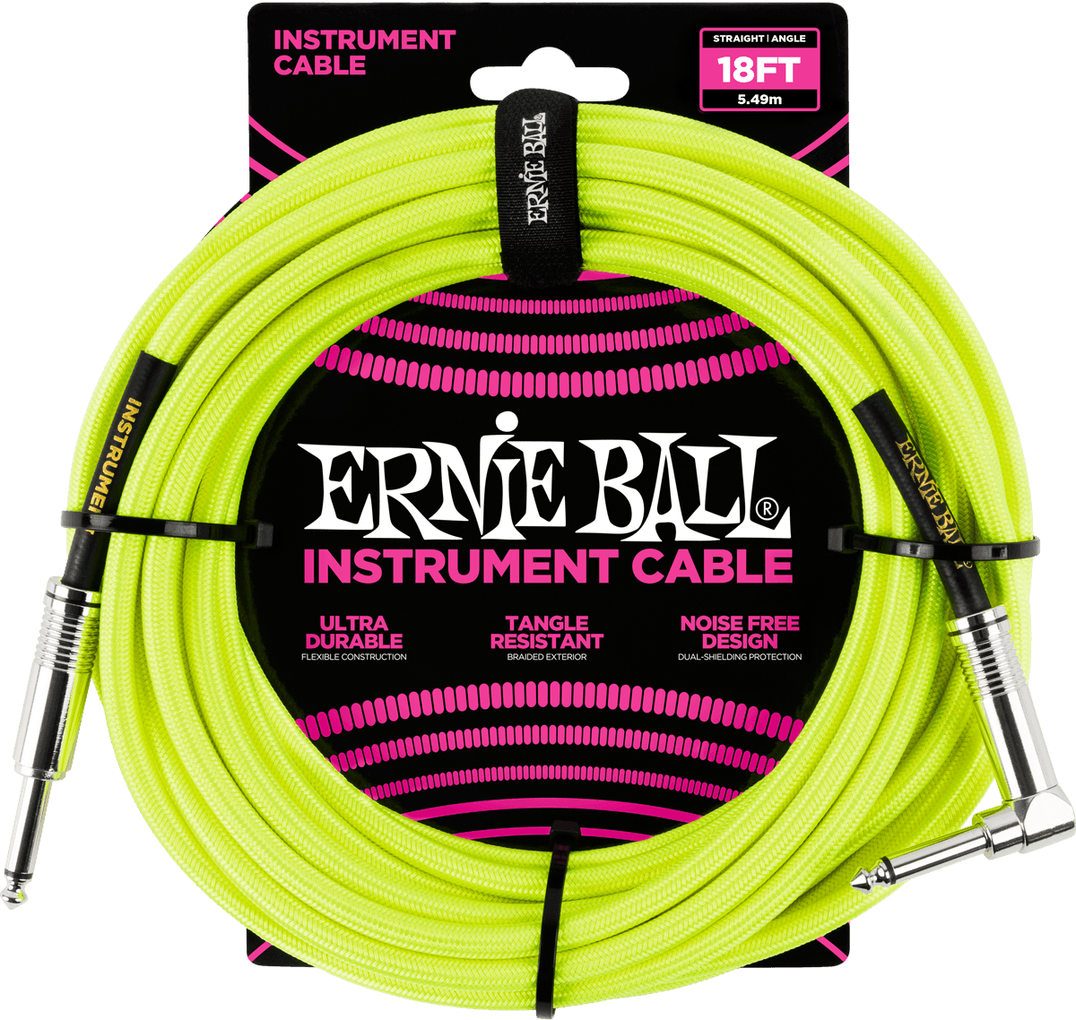 Ernie Ball Geweven Sleeve Instrumentkabel 6.35mm jack - 6.35mm jack Haaks 5.5 m Geel