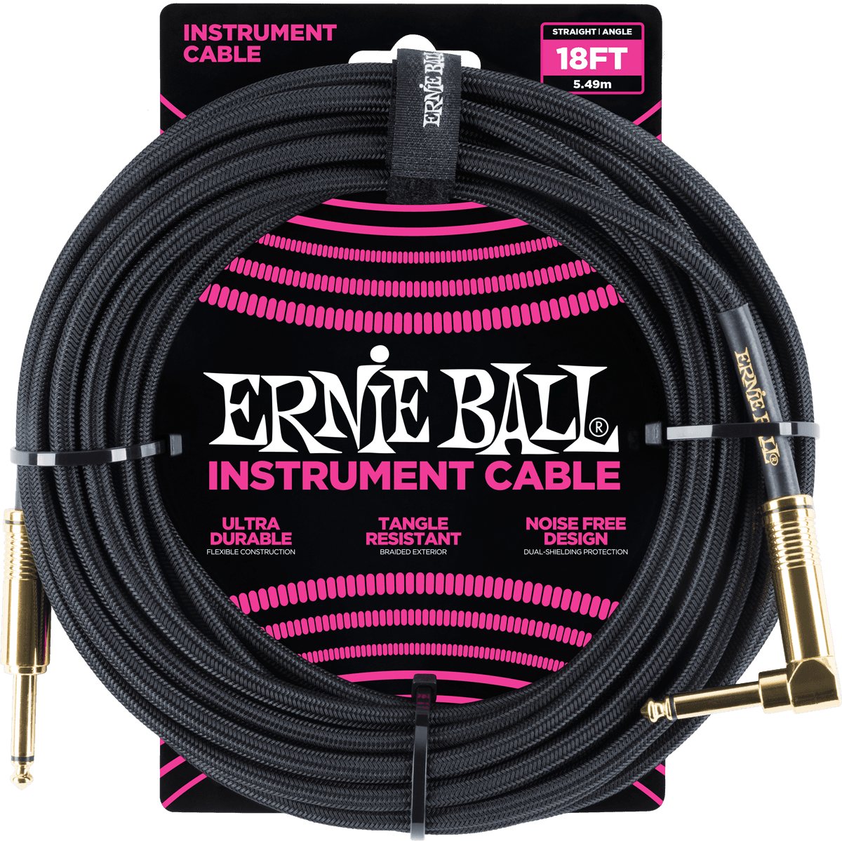 Ernie Ball Geweven Sleeve Instrumentkabel 6.35mm jack - 6.35mm jack Haaks 5.5 m Zwart