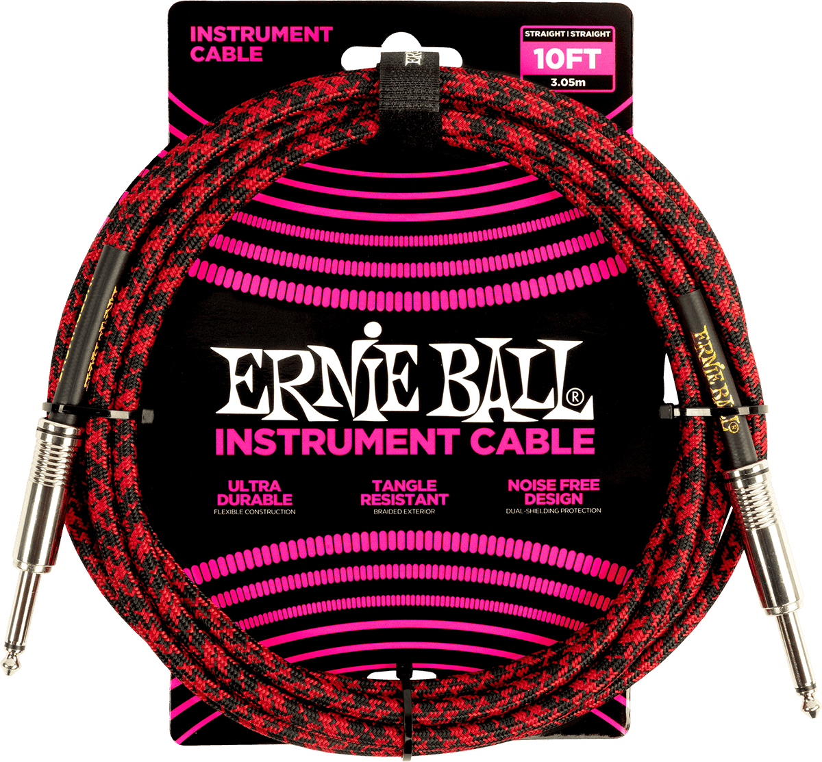 Ernie Ball Geweven Sleeve Instrumentkabel 6.35mm jack - 6.35mm jack 3 m Rood, Zwart