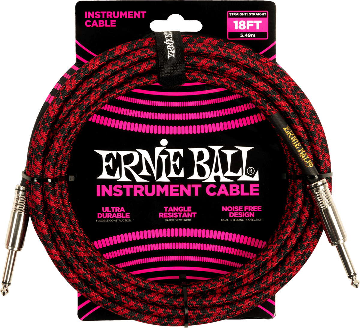 Ernie Ball Geweven Sleeve Instrumentkabel 6.35mm jack - 6.35mm jack 5.5 m Rood, Zwart
