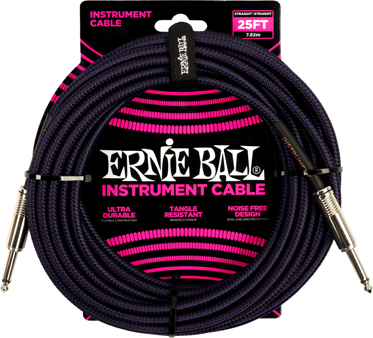 Ernie Ball Geweven Sleeve Instrumentkabel 6.35mm jack - 6.35mm jack 7.62 m Paars, Zwart