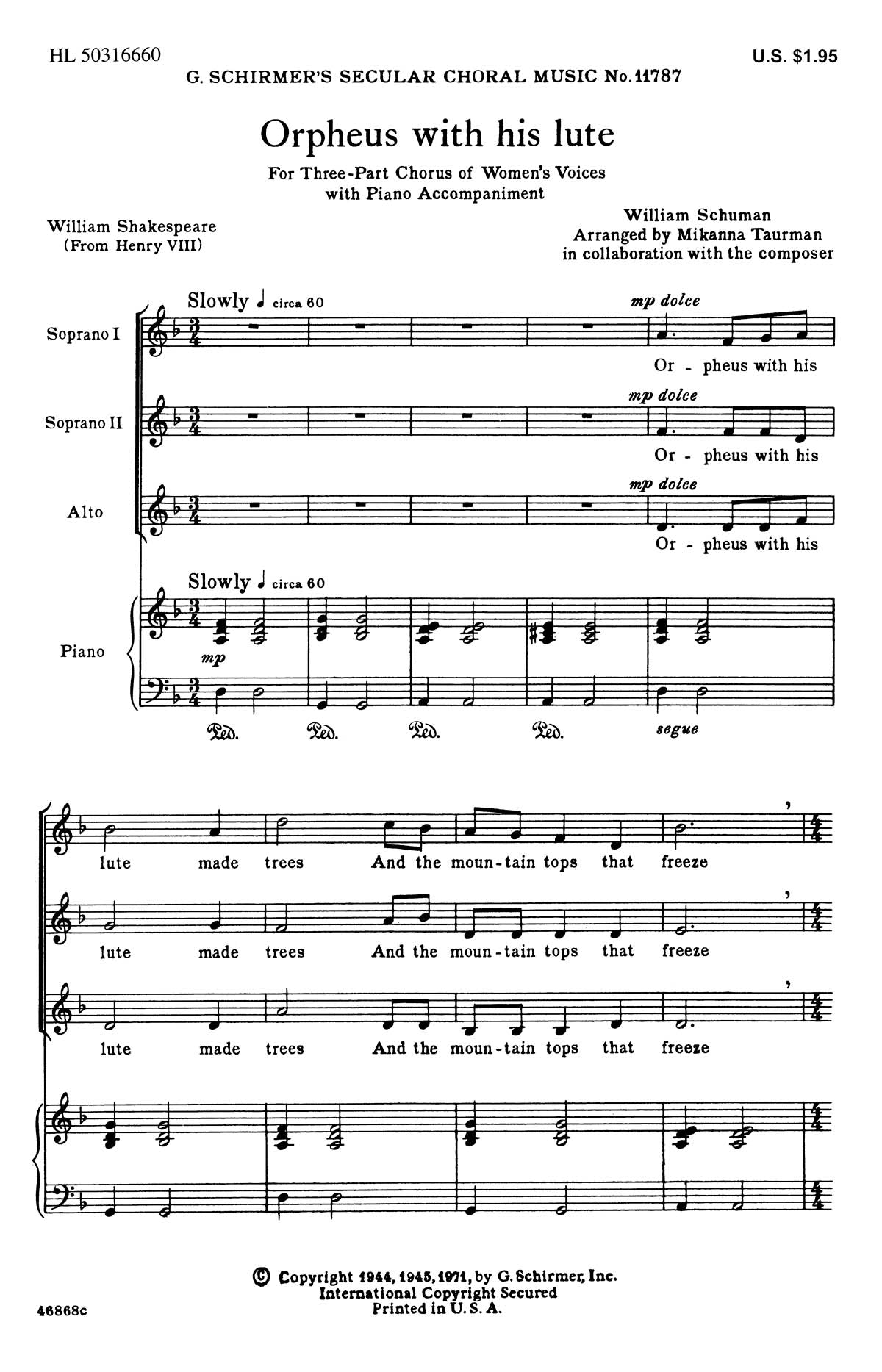 Schumann: Orpheus With His Lute ( SSA With Piano )