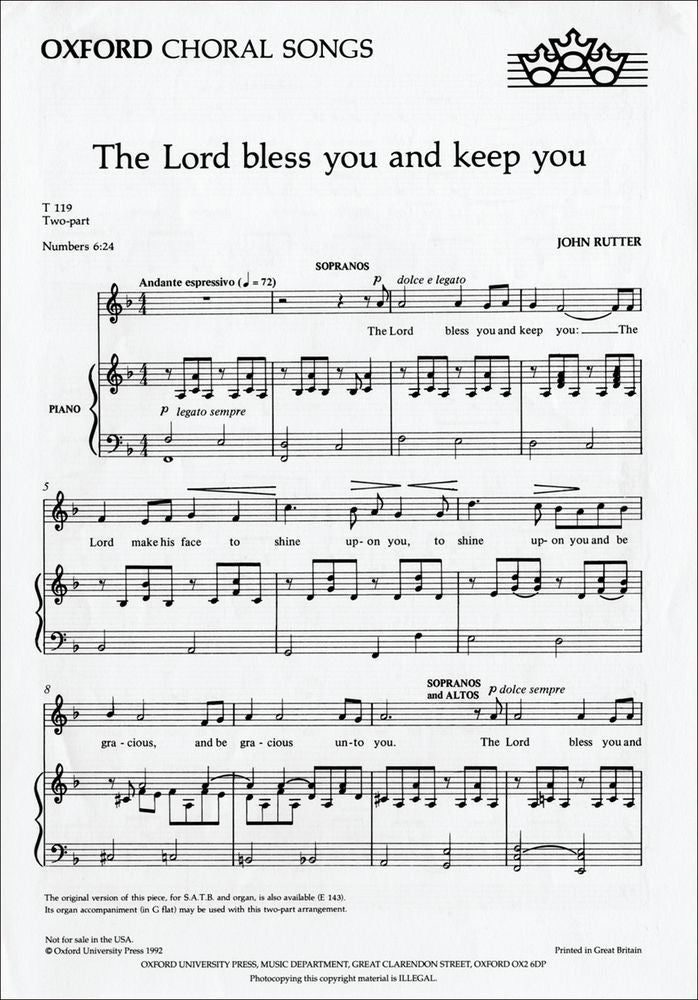 Rutter: The Lord Bless You And Keep You (in F major) (SA, Piano)