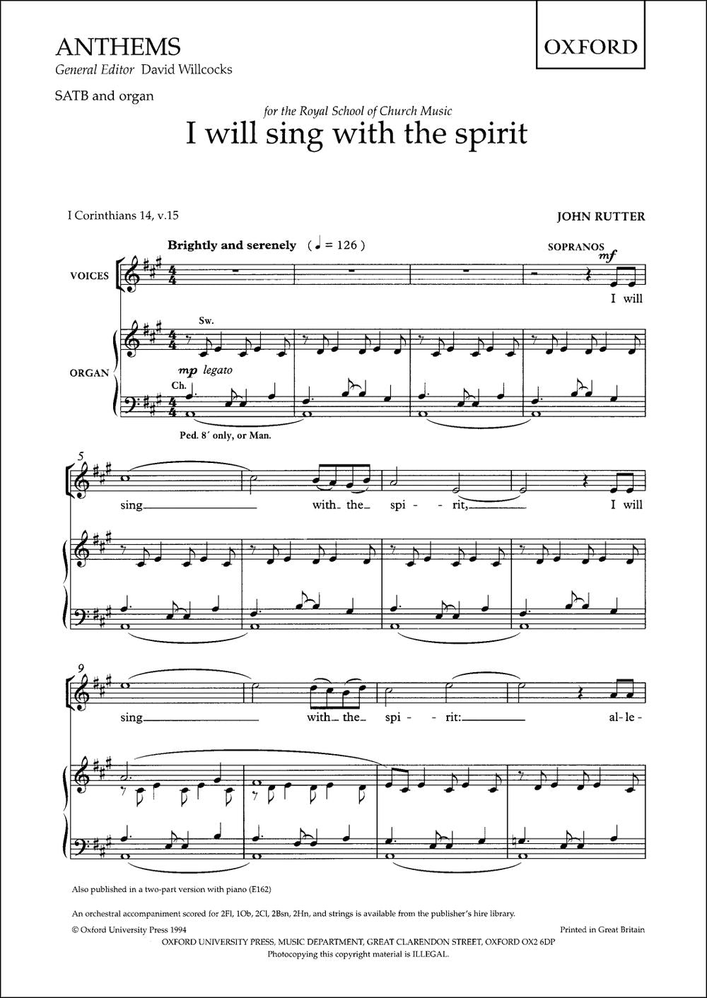 Rutter: I Will Sing With The Spirit (SATB, Piano)