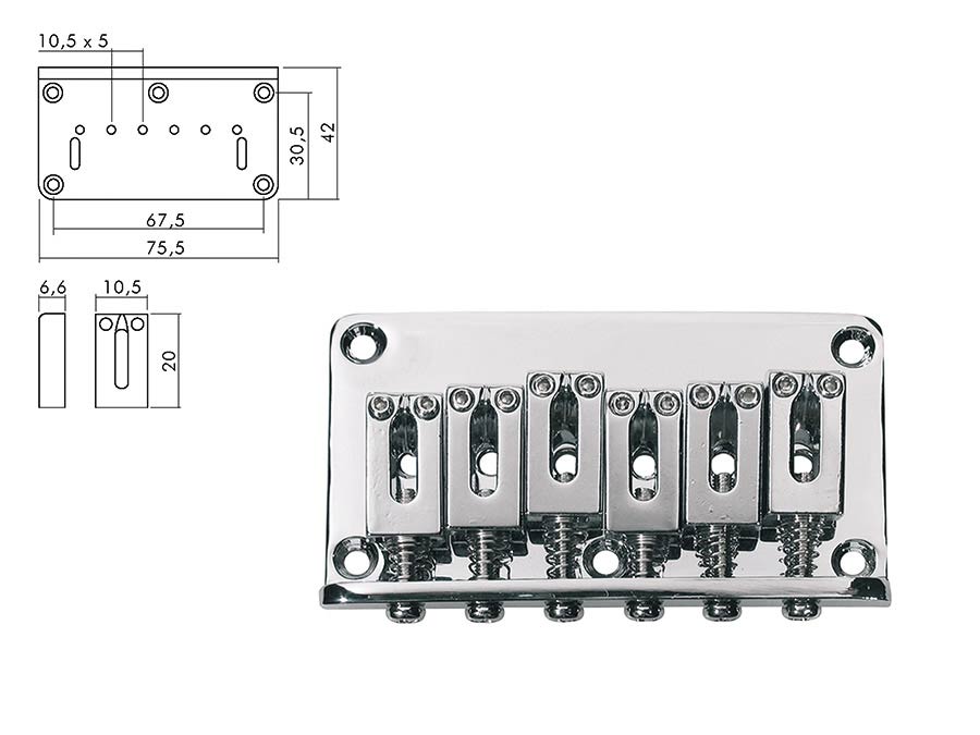 Boston B-1504-C brug-staartstuk, Stallion, pitch 10,5mm, strings through body, chroom