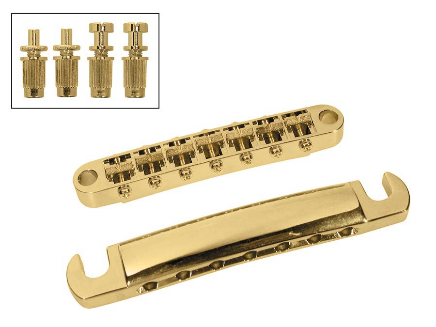 Boston BT-167-G brug and tailpiece set, 7-snarig, radius 16, stringspacing 62,6mm, verguld