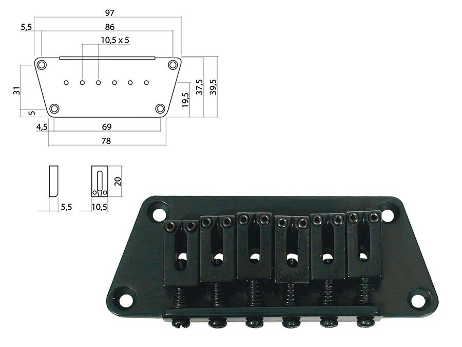 Boston B-1540-B brug-staartstuk, Stallion, pitch 10,5mm, zwart