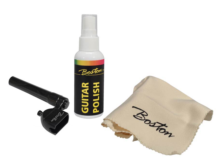 Boston BGM-14 gitaar onderhoudset, 60ml gitaarpolish in een flesje, 30x30cm poetsdoek en snaarwinder