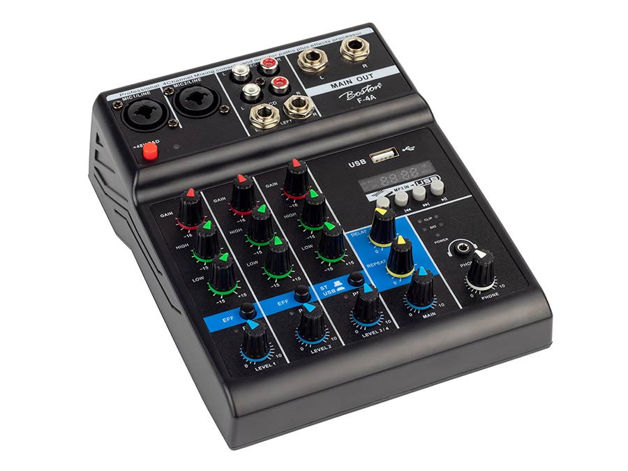 Boston F-4A mixing console 2 mono + 1 stereo input, USB player, audio interface, 48V phantom power, delay