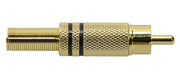 RCA plug, male, metal gold lacker, spring 6,2 mm, gold contacts, 2 pcs black ring