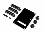 Fender strat accessory kit, contains pot knobs, switch tip, backplate, pickup covers, black