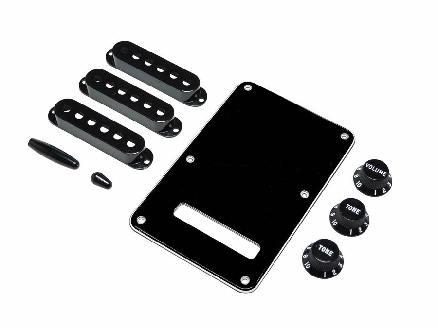 Fender strat accessory kit, contains pot knobs, switch tip, backplate, pickup covers, black