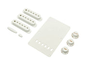 Fender strat accessory kit, contains pot knobs, switch tip, backplate, pickup covers, white