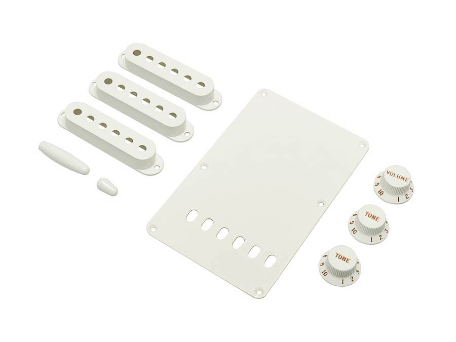 Fender strat accessory kit, contains pot knobs, switch tip, backplate, pickup covers, white