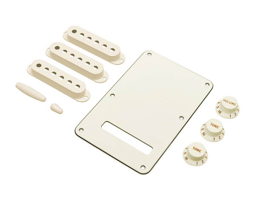 Fender strat accessory kit, contains pot knobs, switch tip, backplate, pickup covers, parchment