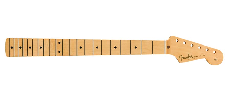 Fender 50's Stratocaster neck, 21 medium jumbo frets, 9,5" radius maple fingerboard, soft V-shape