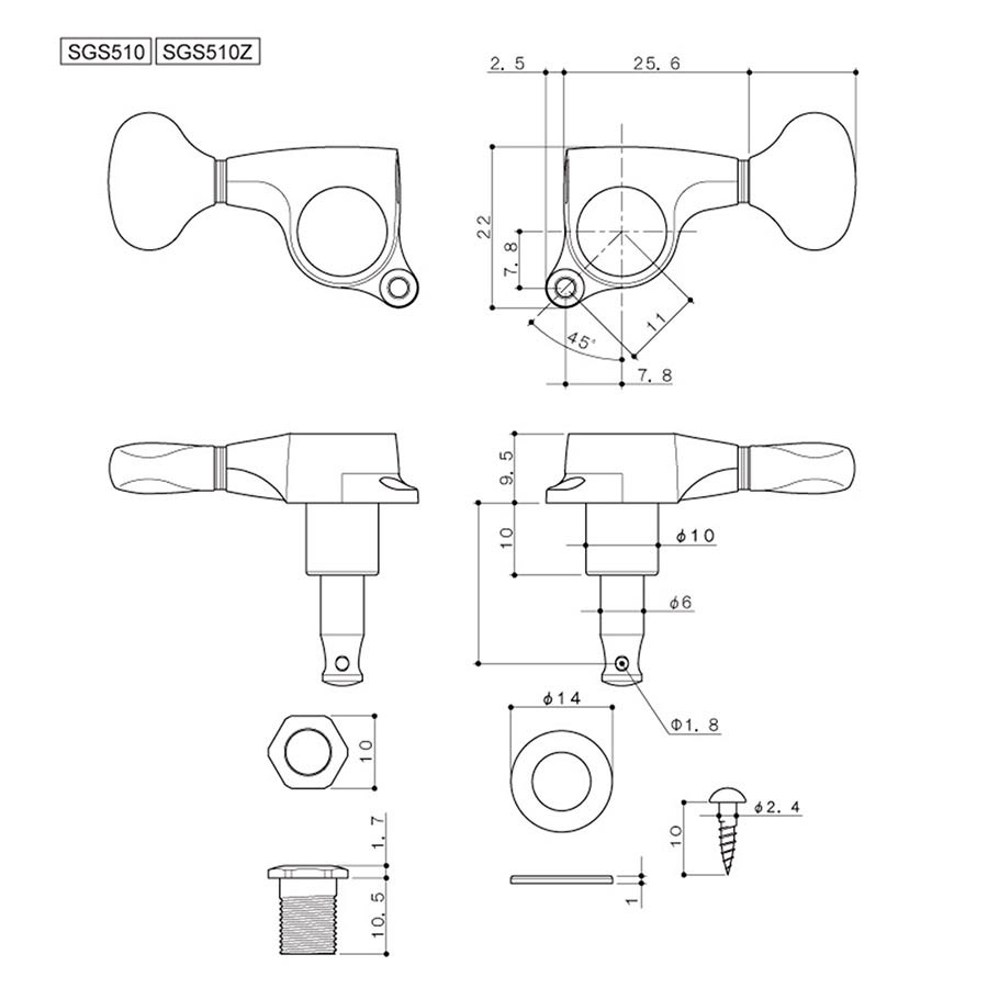 Gotoh GTH14301 SGL510 stemmechanieken met L5-knoppen, 3 links + 3 rechts, chroom