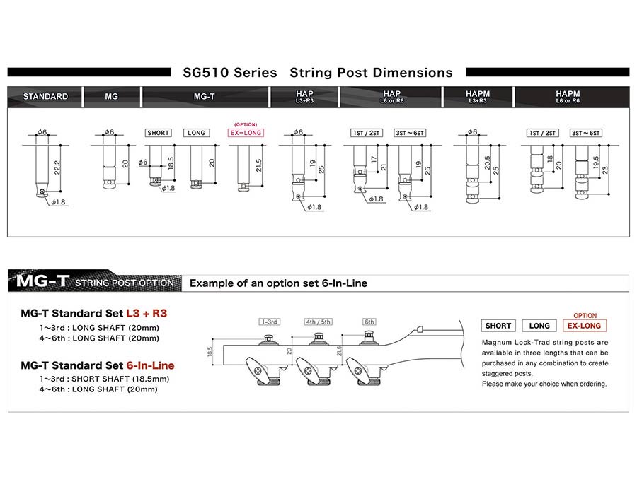 Gotoh GTH14301 SGL510 stemmechanieken met L5-knoppen, 3 links + 3 rechts, chroom